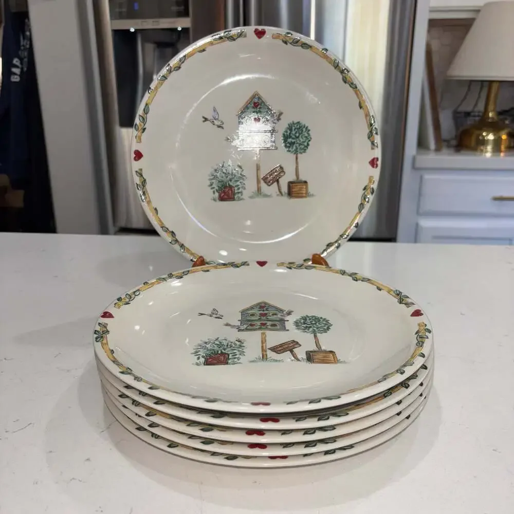 Thomson Pottery Birdhouse Pattern Dinner Plates 10.25” (6)